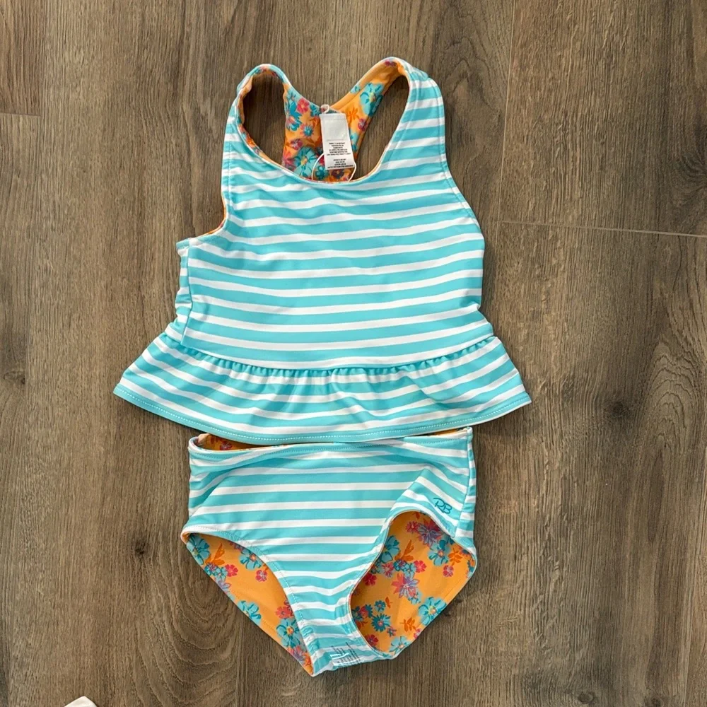 Ruffle Butts Floral & Stripes Reversible Bikini - Orange and Blue - Picture 3 of 4